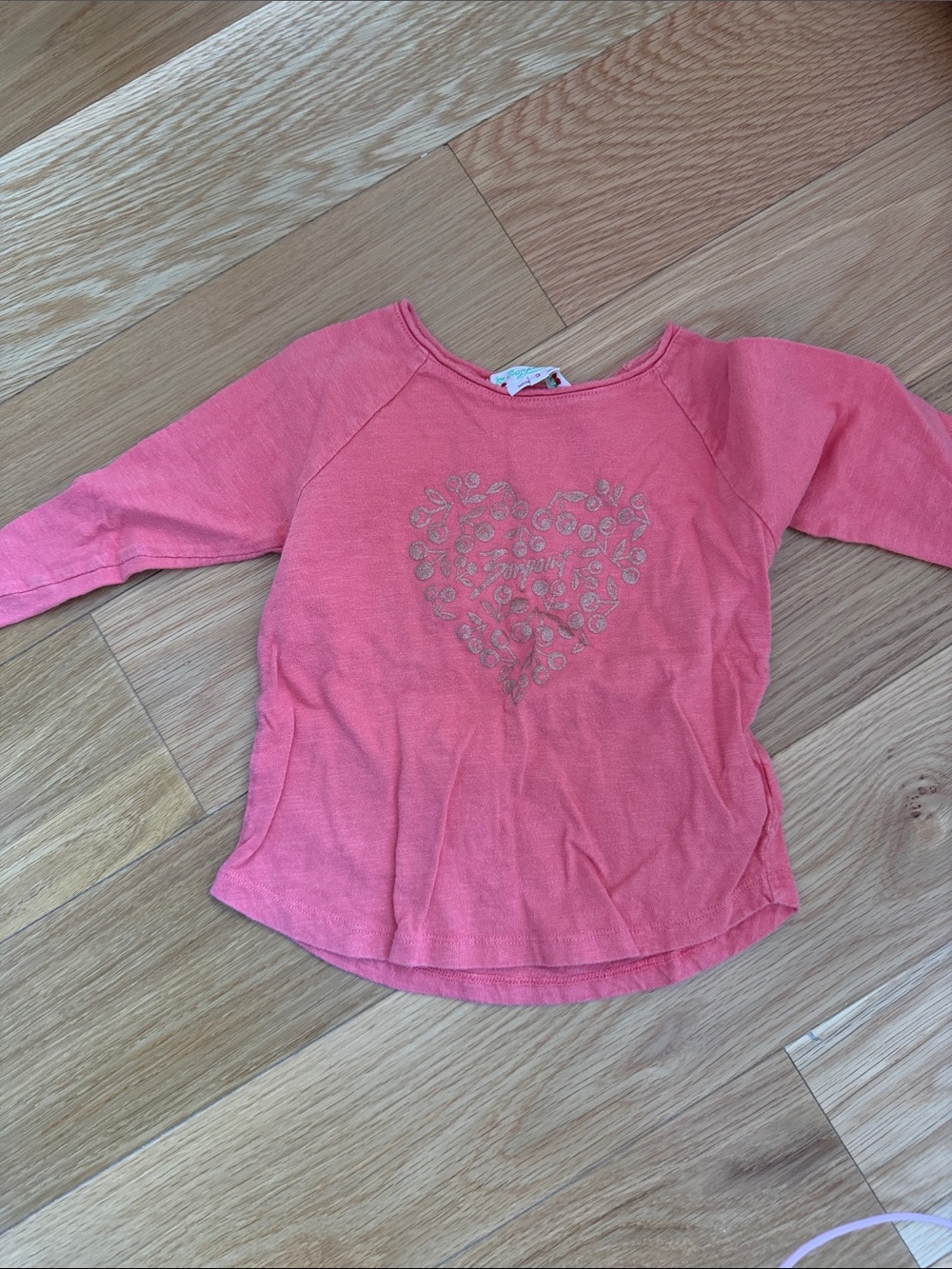 Bonpoint Girls Pink Metallic Cherry Heart Long Sleeve Top